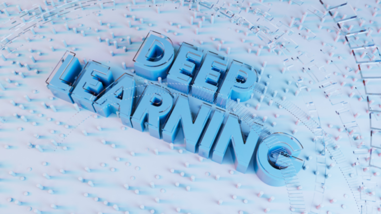 A 3D representation of the words "Deep Learning" in bold blue font, surrounded by abstract technological and neural network-inspired patterns.