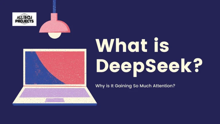 A digital illustration of a laptop under a hanging lamp with the text "What is DeepSeek?" and the AllTechProjects logo on a dark blue background.